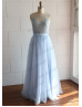 Light Blue Lace Tulle Long Prom Dress